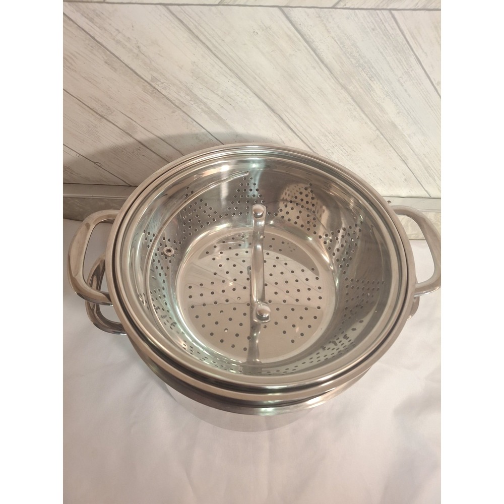 Goodful 8 Quart Big Stockpot 3 Piece Steamer Strainer Colander Steel W Glass Lid - Picture 4 of 8